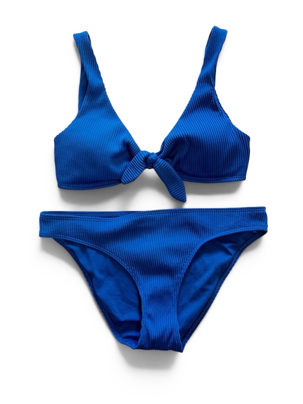 Hollister Ribbed 2 Piece Swimsuit Bikini Blue Front Tie Top size M